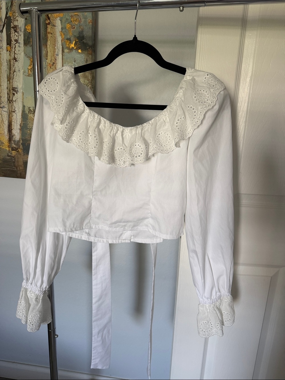 White Eyelet Ruffle Peasant Blouse with Tie-Back